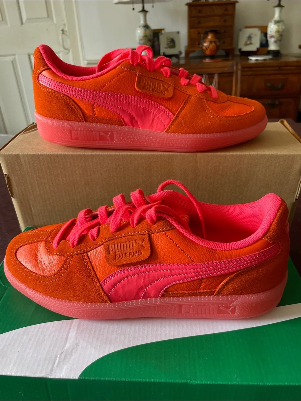 Puma Orange and Pink Low-Top Suede & Leather Sneakers with neon pink laces